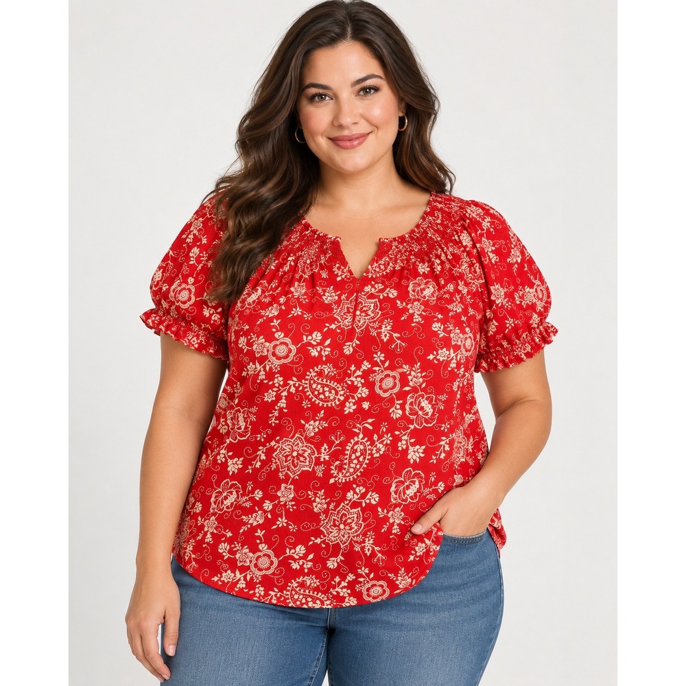Lauren Ralph Lauren Jeans Co Women XL Red Floral Paisley Peasant Top 100% Cotton